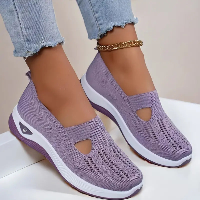 Purple breathable mesh flats shoes with soft non-slip sole for women, casual and stylish design