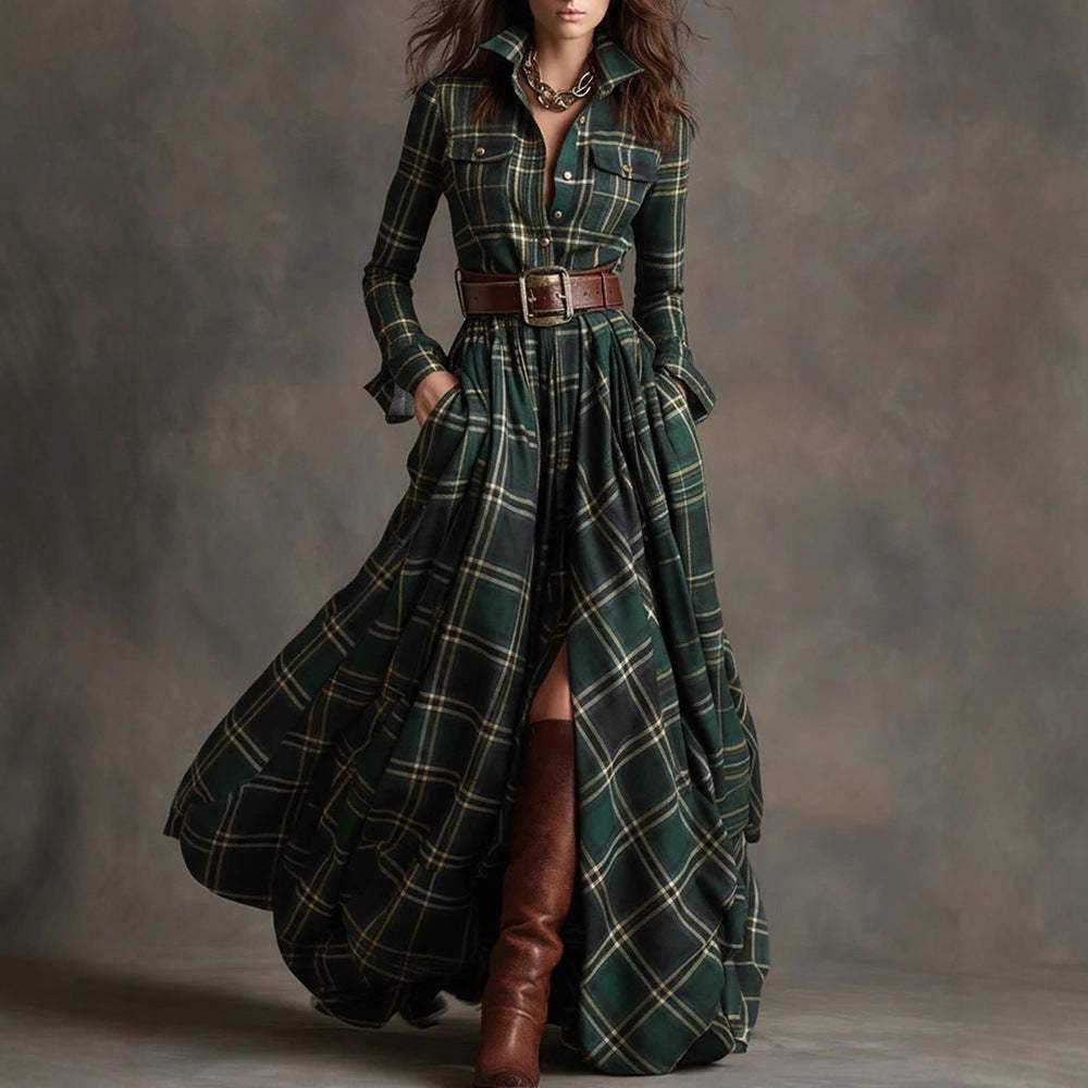 Large size women's clothing French retro green plaid slim irregular dress with conventional sleeves and mid waist design