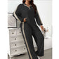Casual suit women's sweater and wide leg pants two-piece set in black with batwing sleeves and stripe detail