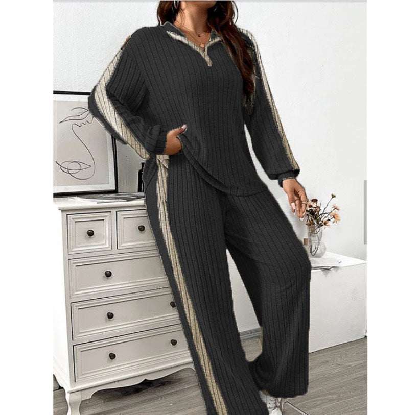 Casual suit women's sweater and wide leg pants two-piece set in black with batwing sleeves and stripe detail