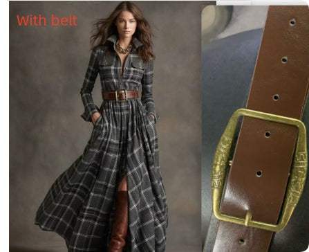 Large size women's clothing French retro plaid slim irregular dress with belt and mid waist design