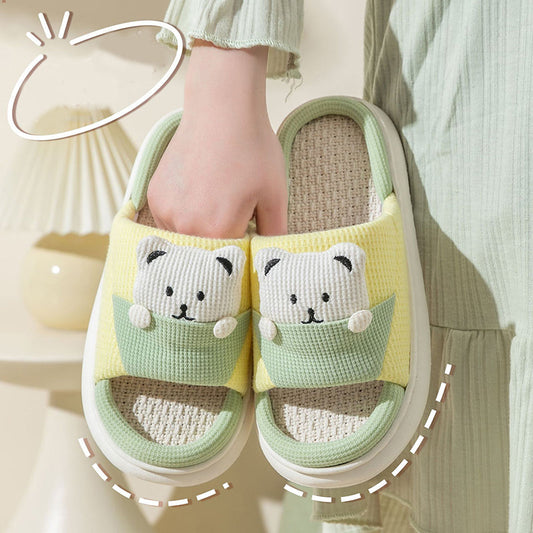 Cute cartoon bear slippers for women with thick soles, eco-friendly PVC and linen, spring and autumn house shoes