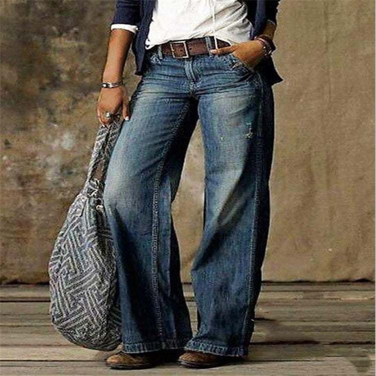 Plus size women's casual wide leg denim pants with belt and large tote bag
