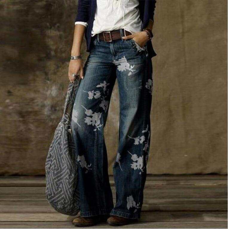 Plus size women's casual wide leg pants with floral print in denim style