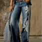 Plus size women's casual thin wide leg pants with floral design in denim style