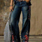 Plus size women's casual wide leg denim pants with floral embroidery
