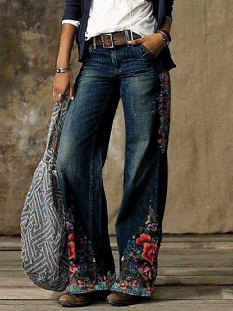 Plus size women's casual wide leg pants with floral embroidery and denim fabric