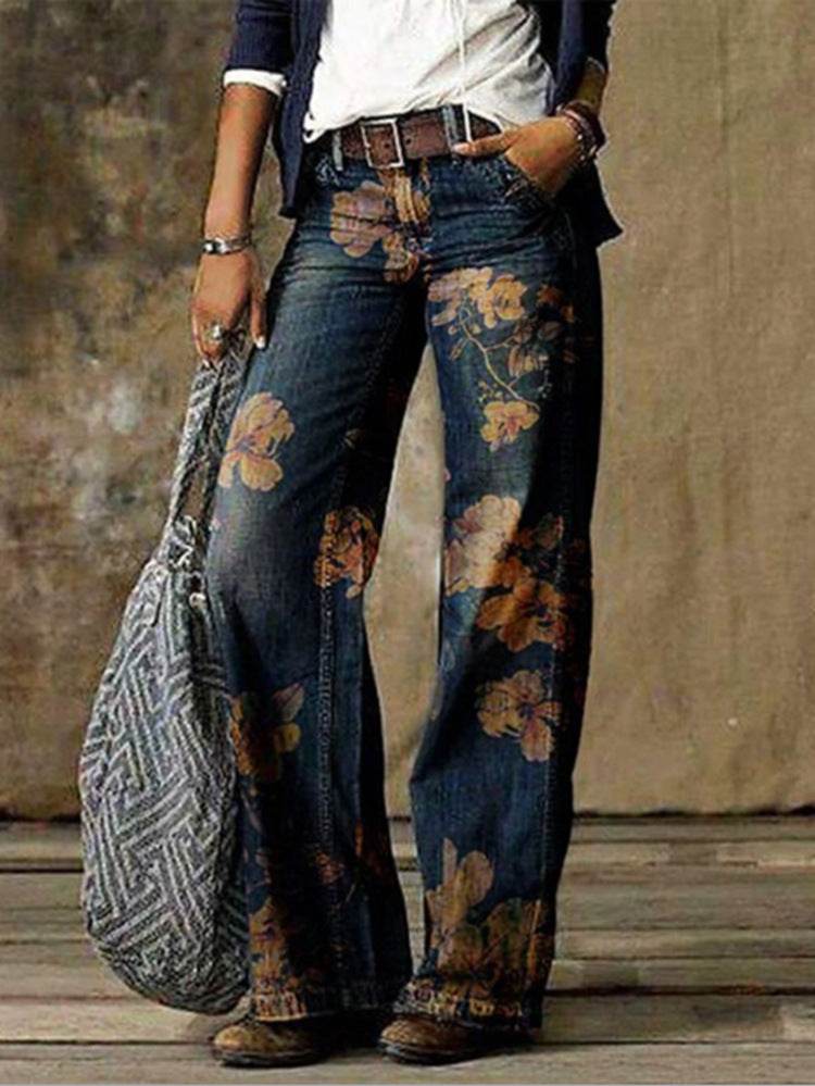 Plus size women's casual pants with wide leg and floral print design