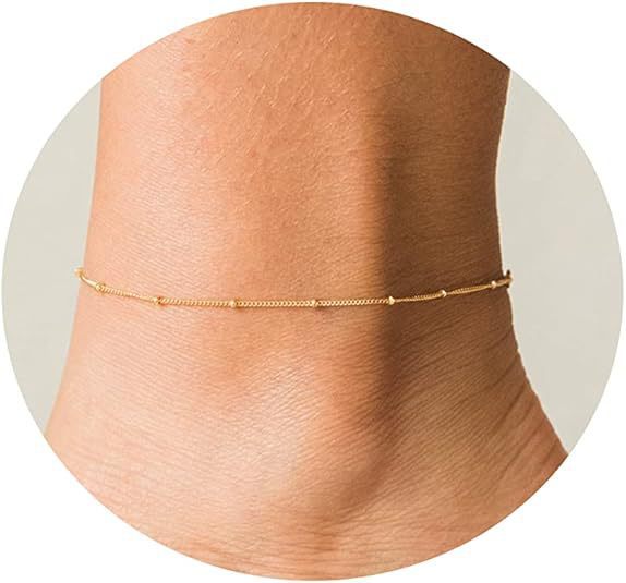 Delicate gold bead beach anklet on ankle, lightweight alloy chain jewelry for women