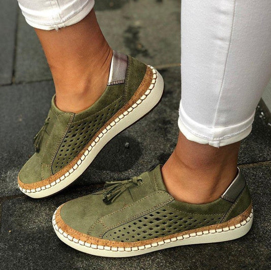 Plus size women couple canvas shoes flat heel olive green with tassels rubber sole