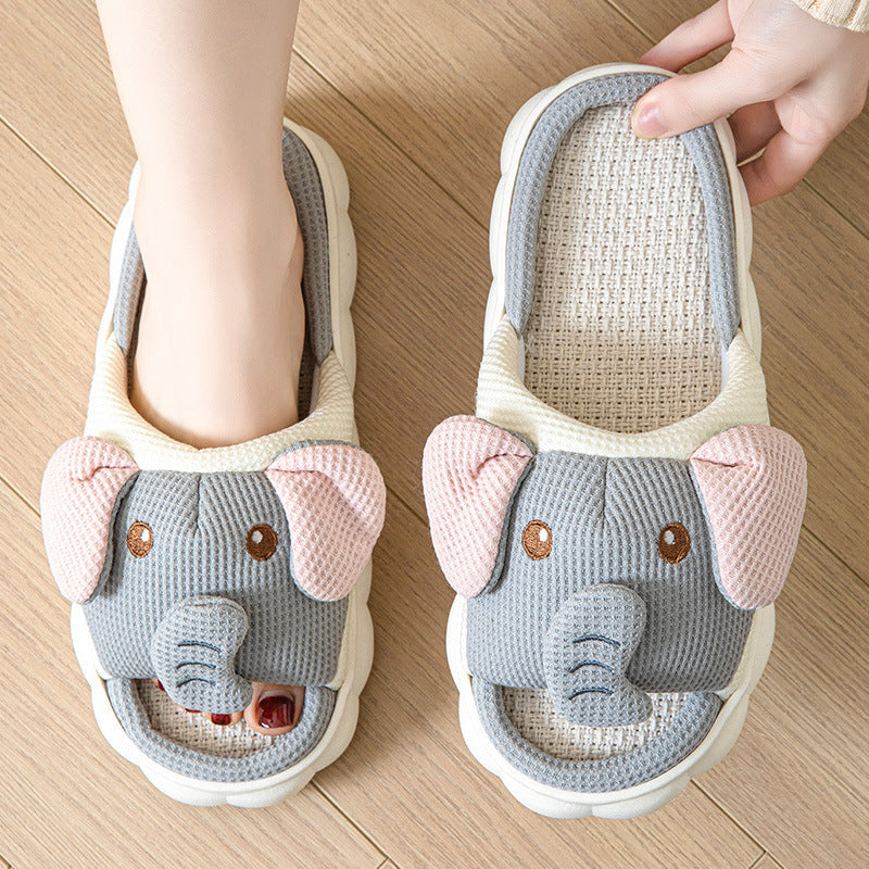 Couples open toe animal linen slippers with elephant design in gray