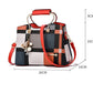 Large capacity fashion women's handbag in plaid design with red handles and shoulder strap, medium softness, polyester lining, and sandwich zipper pocket.