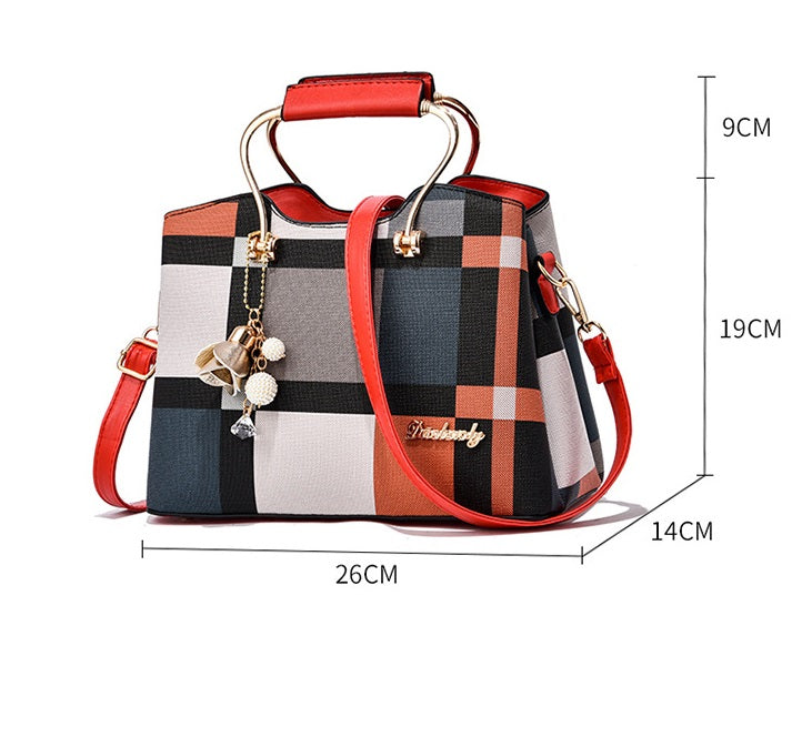 Large capacity fashion women's handbag in plaid design with red handles and shoulder strap, medium softness, polyester lining, and sandwich zipper pocket.