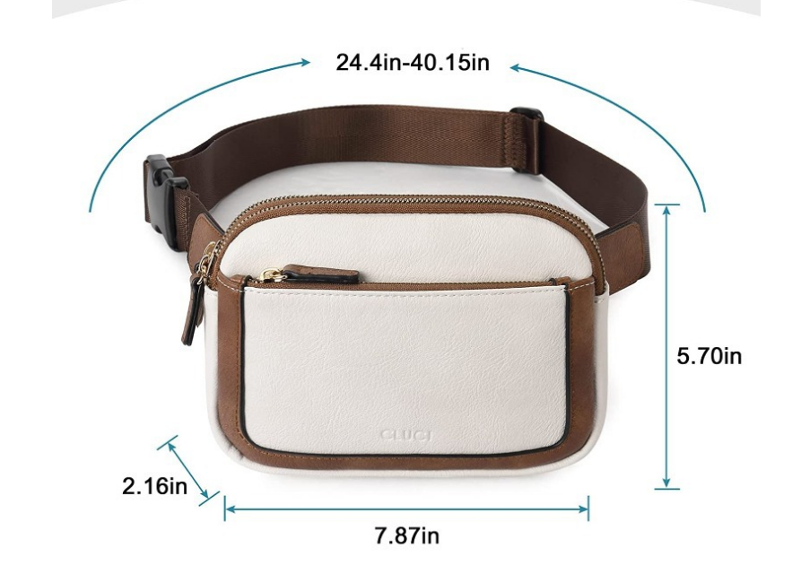 White and brown PU leather fashion chest bag waist pouch with adjustable strap and zipper pockets