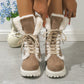 Women's winter lace-up snow boots with mid-tube fleece and chunky heels in beige suede
