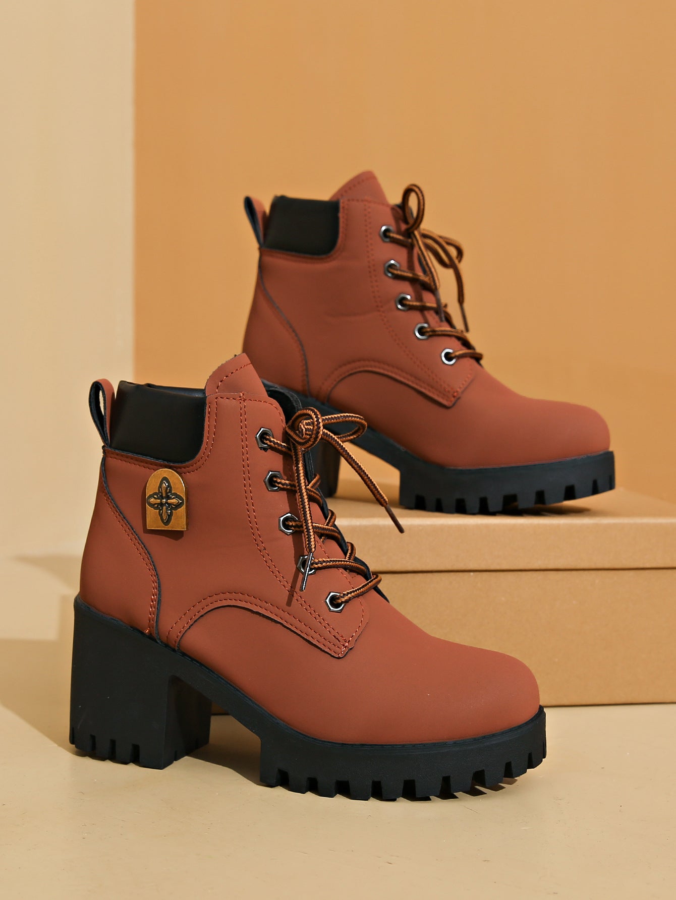 chunky heel plus size Martin boots in brown with lace-up front and thick sole