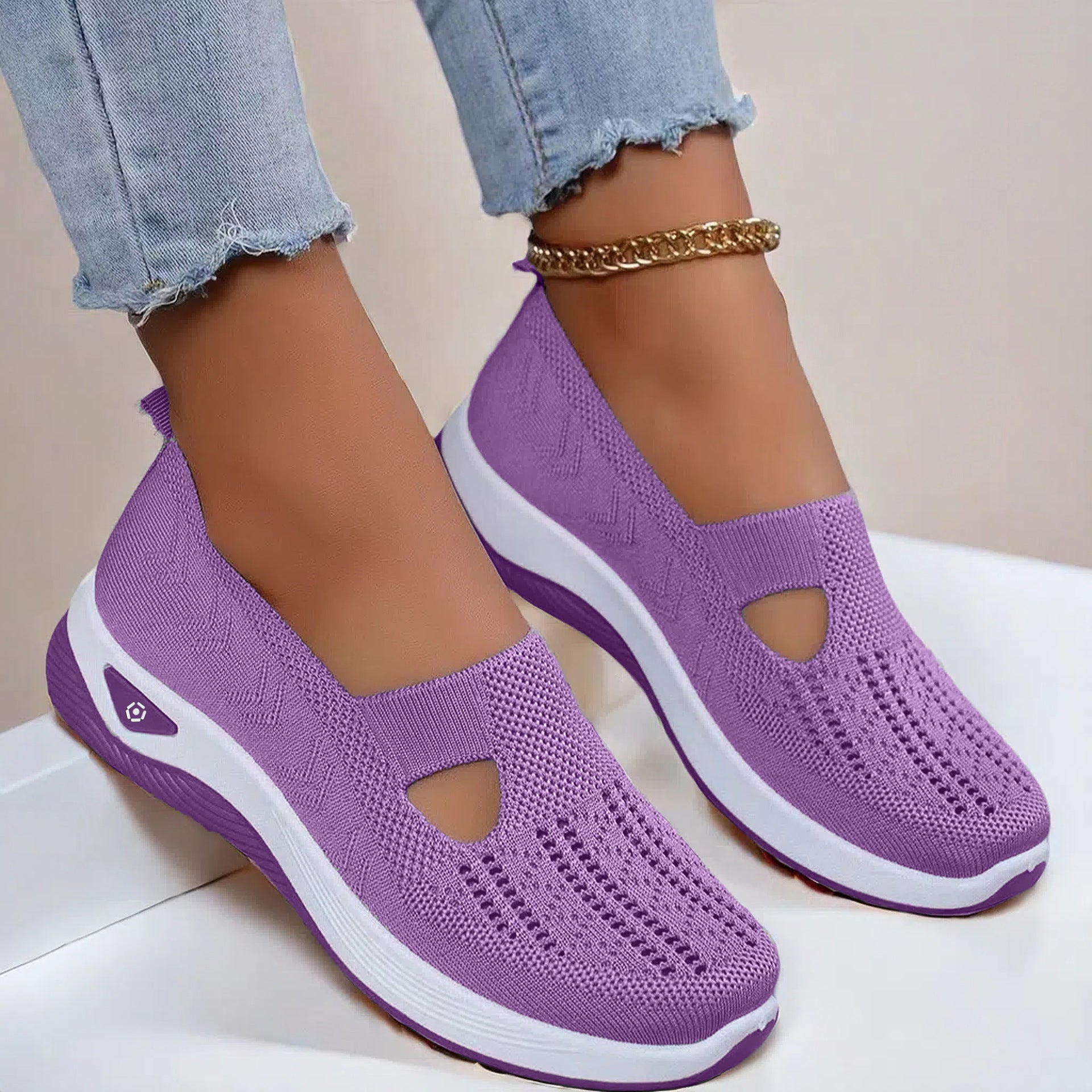 Purple mesh flats shoes for women with breathable design and non-slip soft sole