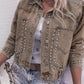 Women's khaki denim jacket with decorative rivets and regular long sleeves, polyester fabric, casual commuting style