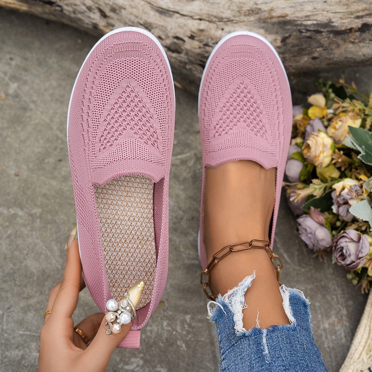 Pink women's summer mesh casual shoes with round toe and flat low heel