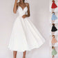 Women wearing sexy V-neck suspender A-line summer dress in white with color options.