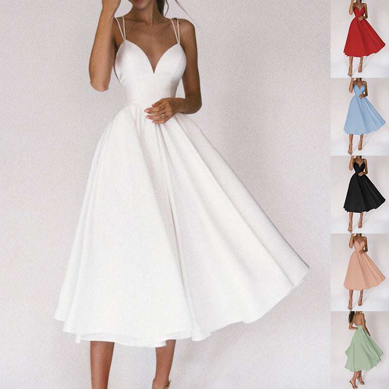 Women wearing sexy V-neck suspender A-line summer dress in white with color options.