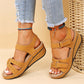 Women’s casual wedge sandals in tan with Velcro straps and breathable artificial PU upper, worn with rolled-up denim jeans