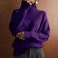 loose high collar thick knitted purple sweater for women with 3D pattern and casual style