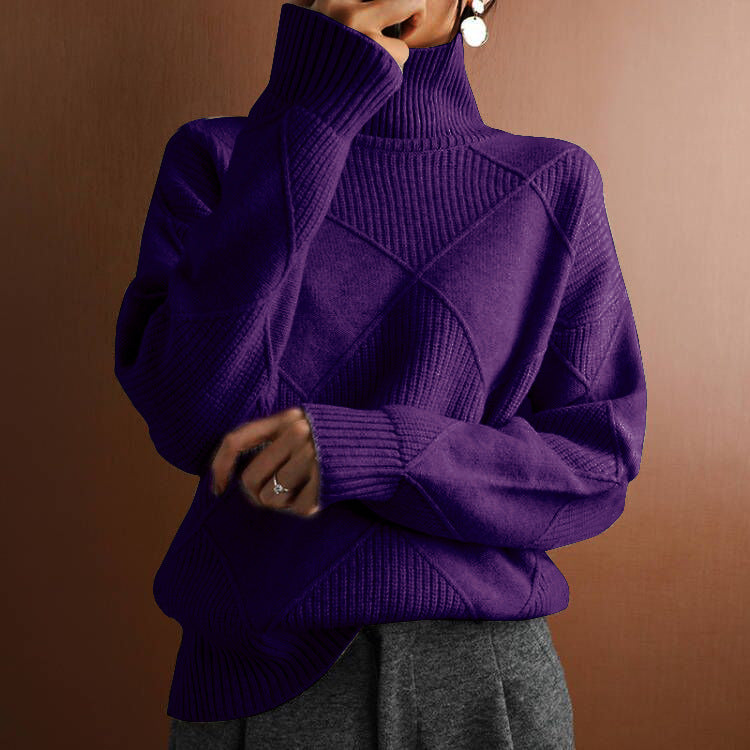 loose high collar thick knitted purple sweater for women with 3D pattern and casual style