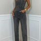 Women's shiny vest diamond two-piece trousers suit in dark gray polyester with sequin details