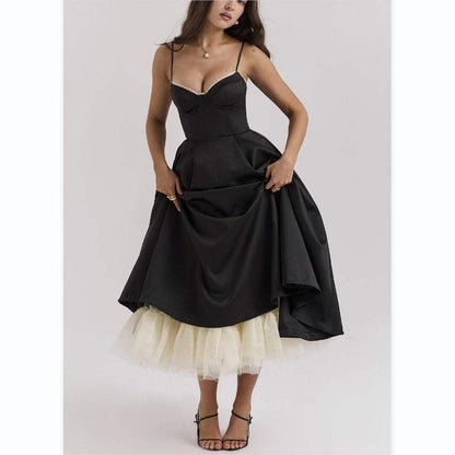 Women's black V-neck brace sleeveless long polyester dress with high waist and puffy skirt