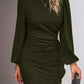 Women's puff long sleeve slim hip-covering dress in dark green polyester with ruffle hem