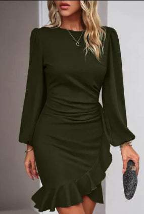 Women's puff long sleeve slim hip-covering dress in dark green polyester with ruffle hem