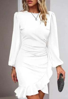 Elegant white women's puff long sleeve slim hip-covering short dress