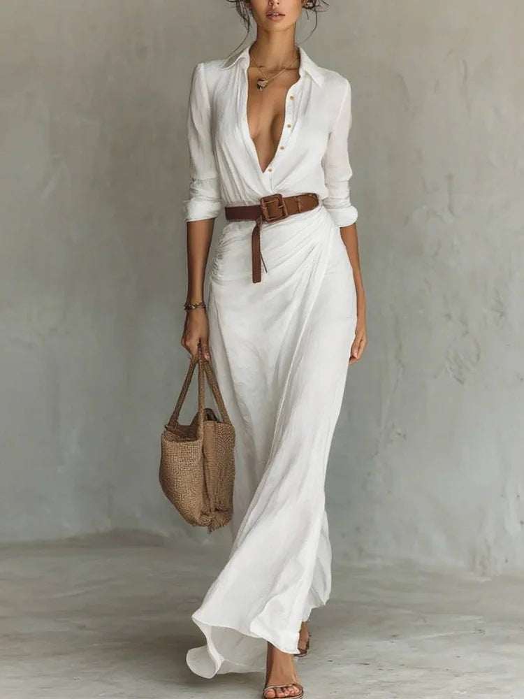 Elegant white irregular long dress with belt and button lapel, long sleeves, perfect for office and daily wear