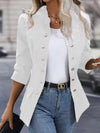 woman wearing white winter fashion double breasted stand collar cardigan jacket with long sleeves