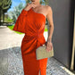 Women's diagonal shoulder knot split solid color slim fit dress in orange with sleeveless design and mid waist silhouette