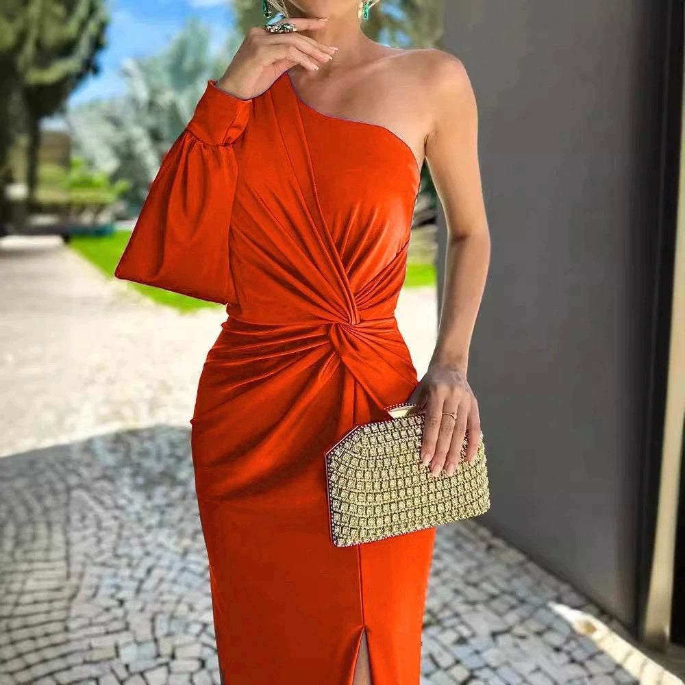 Women's diagonal shoulder knot split solid color slim fit dress in orange with sleeveless design and mid waist silhouette