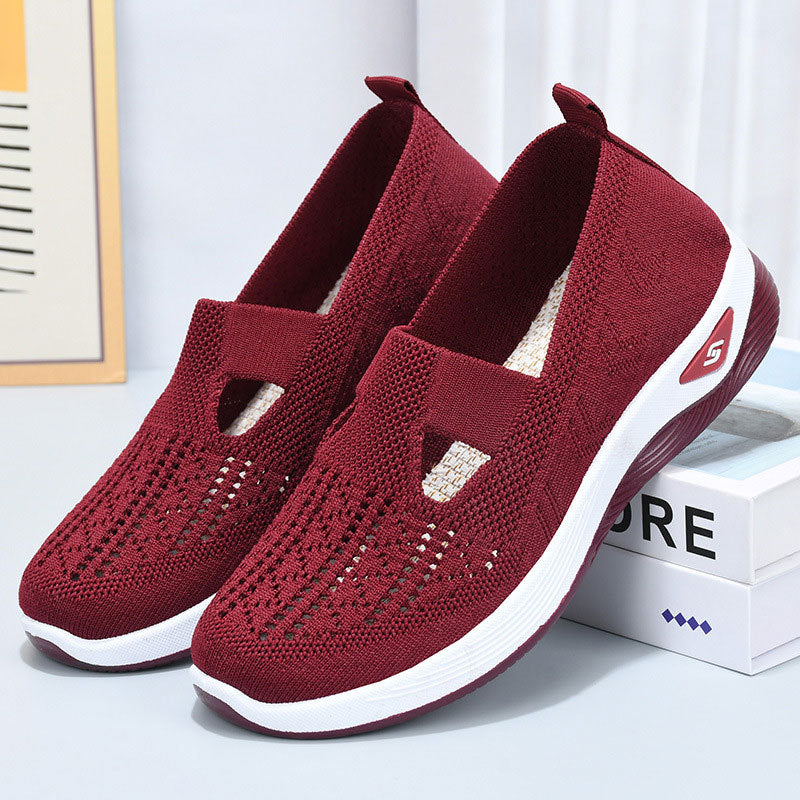 Red breathable summer mesh slip-on casual shoes for women with flat sole