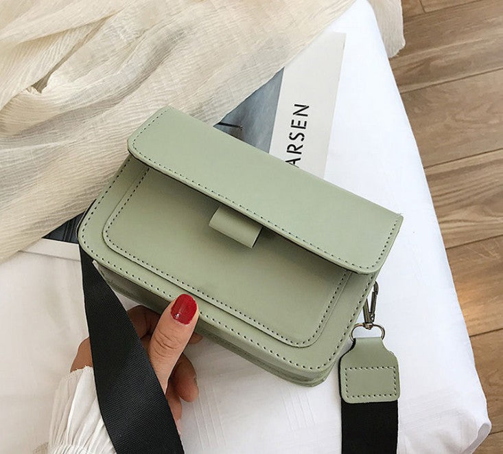 Wide shoulder strap small square green PU leather crossbody bag for women