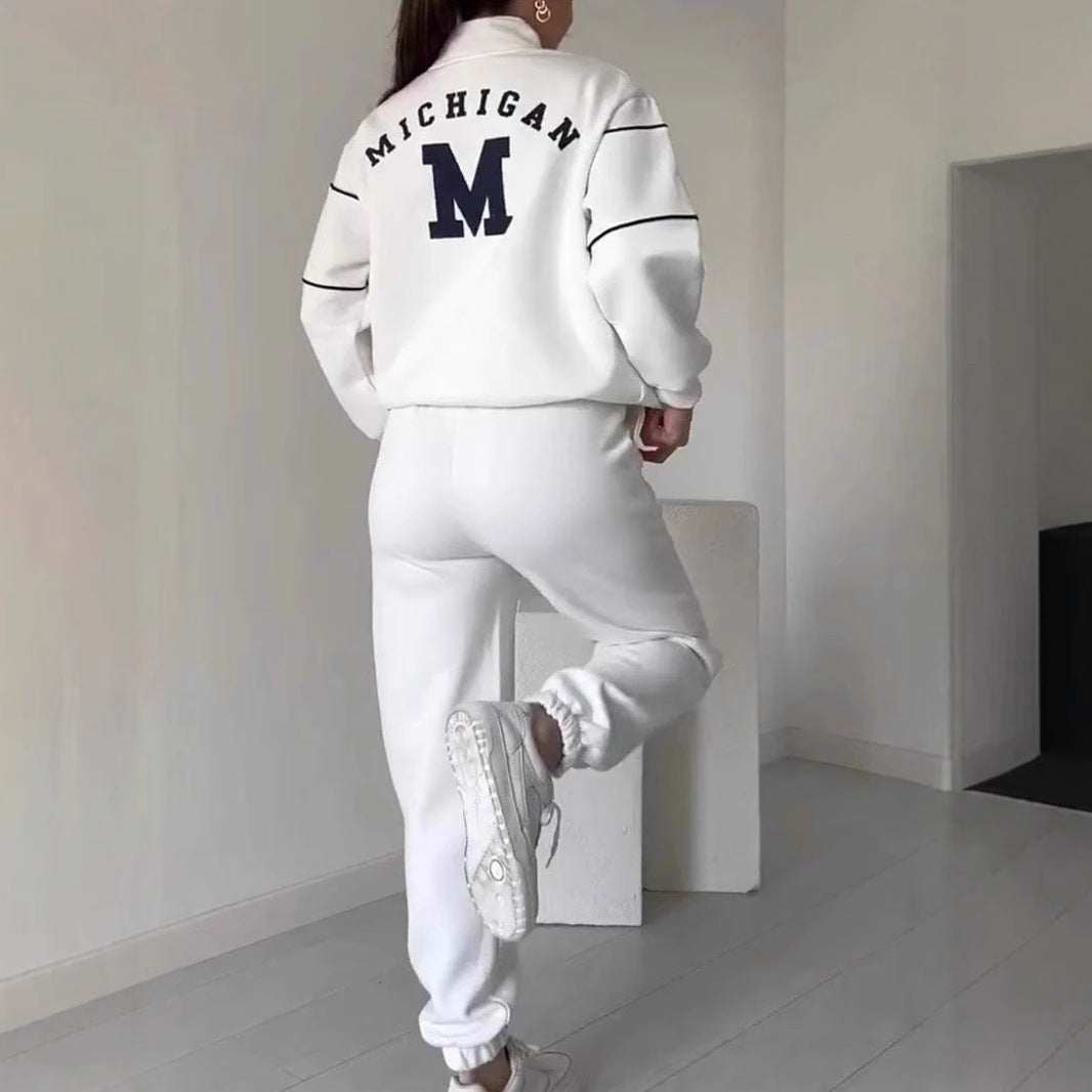 Women 2 piece white lounge outfit with hoodless pullover sweatshirt and baggy sweatpants with pockets