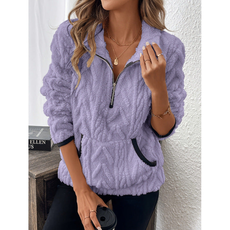 Women's lavender plush sweater with contrast color half-open collar and long sleeves