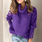 Women's purple lapel pullover knit sweater with buttoned cuffs and relaxed fit