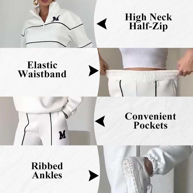 Women 2 piece outfits lounge set with high neck half-zip pullover, elastic waistband sweatpants, convenient pockets, and ribbed ankles in white polyester fabric