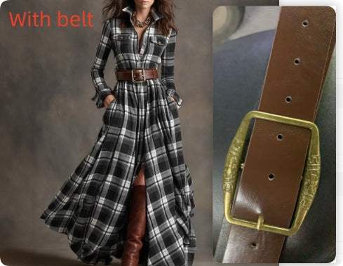 Large size women's plaid retro slim irregular dress with belt and conventional sleeves