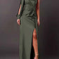 Women's diagonal shoulder knot split slim fit long dress in army green polyester