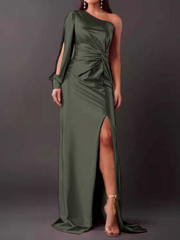 Women's diagonal shoulder knot split slim fit long dress in army green polyester