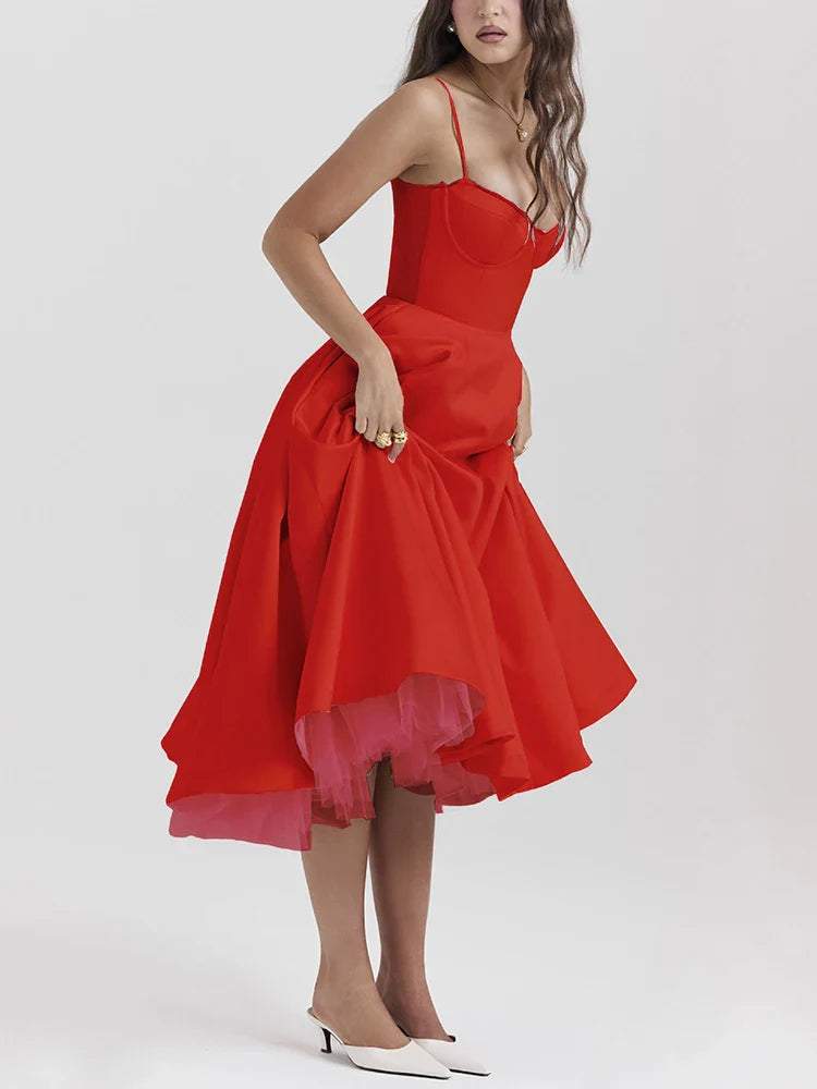 Red women's V-neck brace sleeveless puffy long dress with high waist and polyester fabric