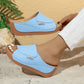 Light blue summer wedge slides with fish mouth design and thick brown sole for women