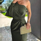 Army green women's diagonal shoulder knot split solid color slim fit dress with patchwork skirt and sleeveless design