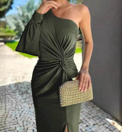 Army green women's diagonal shoulder knot split solid color slim fit dress with patchwork skirt and sleeveless design